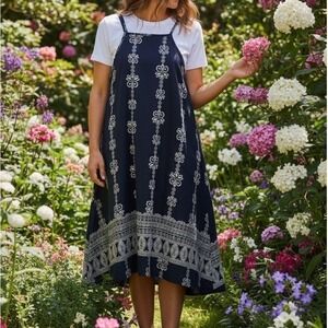 ✨Dina Be Navy Blue White Floral Print Swing Dress Midi Spaghetti Strap A Line M‎
